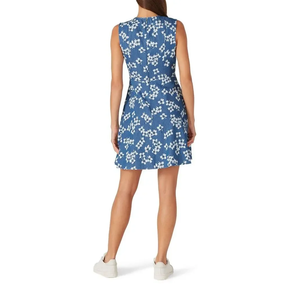 DRAPER JAMES Blue White Floral Sleeveless V-Neckline Love Circle Dress Size 2 - Picture 2 of 10